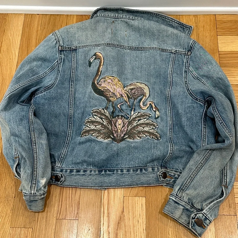 BDG Denim Jacket with Flamingo Embroidery Indie Boho Festival